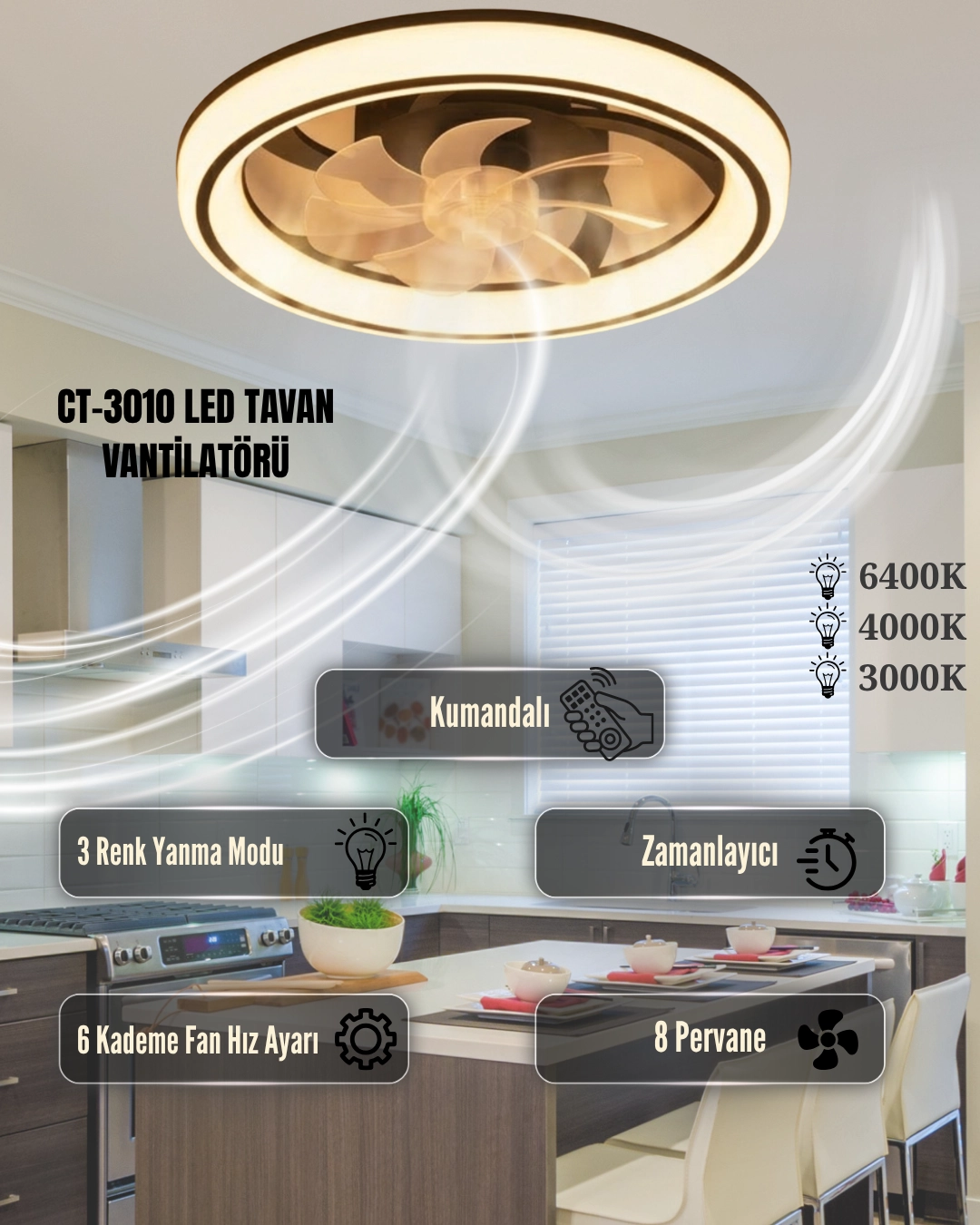 Cata CT-3010 Meltem Led Tavan Vantilatörü Kumandalı