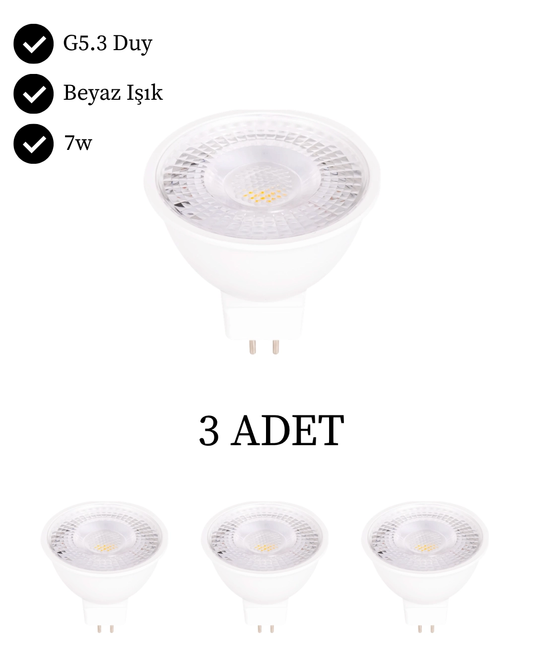 K2 KES049B Led Ampul 7W GU5.3 Duy Beyaz Işık - 3’lü Paket 