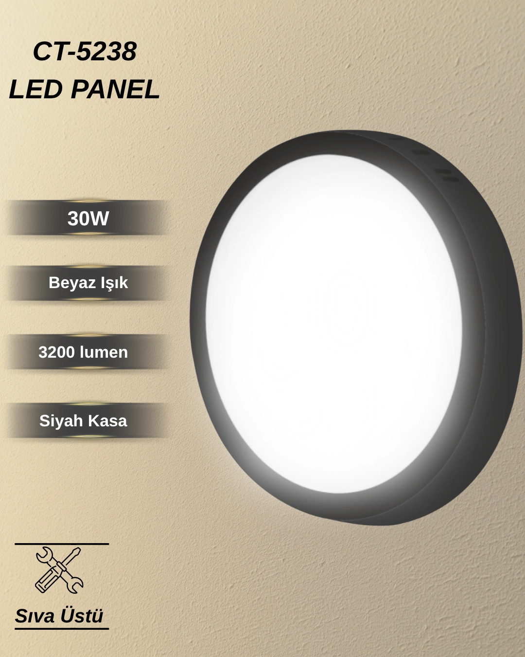 Cata CT-5238 Sıva Üstü Led Panel 30W Siyah Kasa Beyaz Işık
