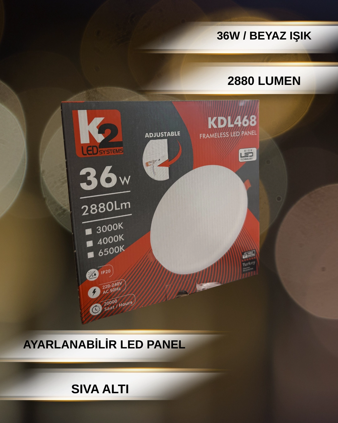 K2 KDL468 Çerçevesiz Ayarlanabilir Led Panel 36W Beyaz Işık 