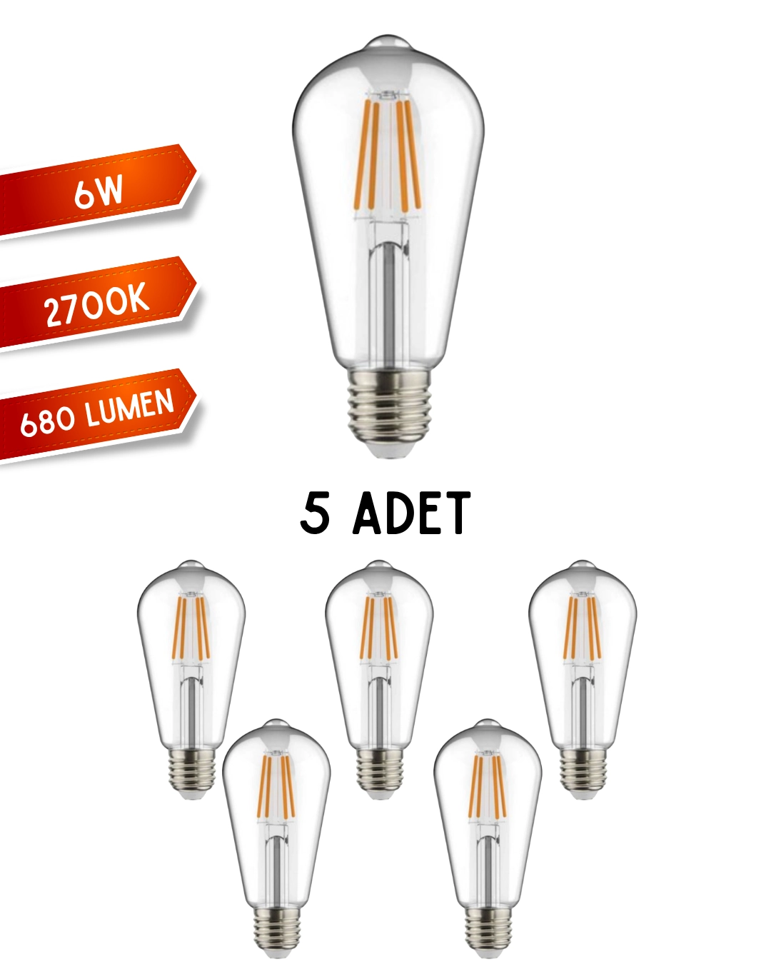 K2 KES505 Led Filament Ampul 6W E27 Duy Günışığı - 5’li Paket