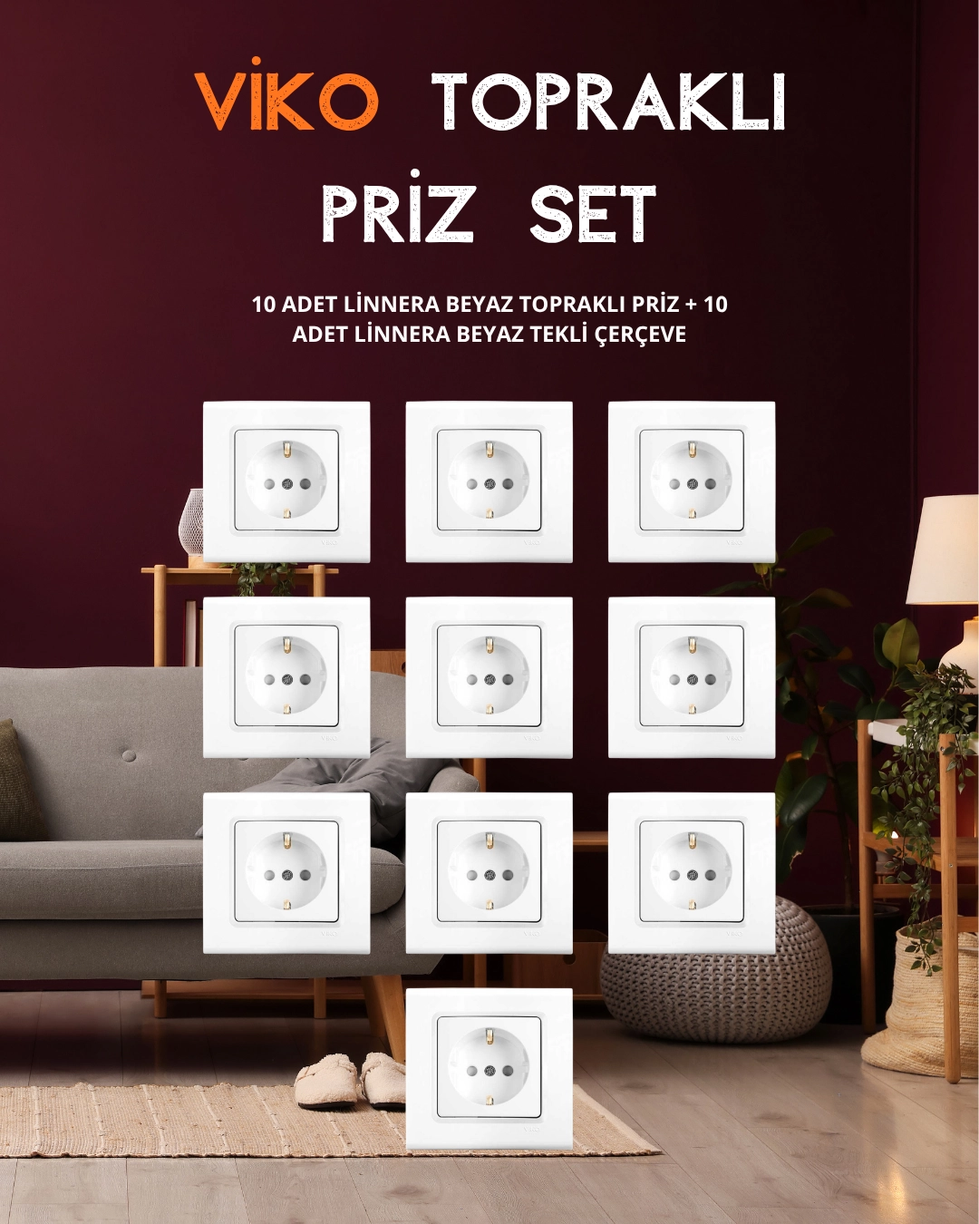 Viko Linnera Beyaz Priz Set ( 10 Adet Topraklı Priz + 10 Adet Tekli Çerçeve)