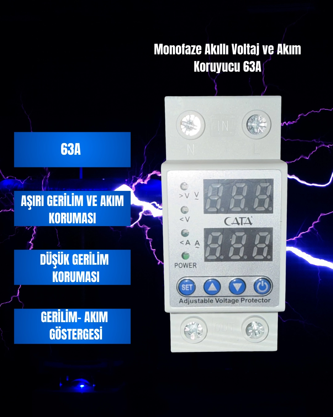 Cata CT-9198 Monofaze Akıllı Voltaj ve Akım Koruyucu 63A