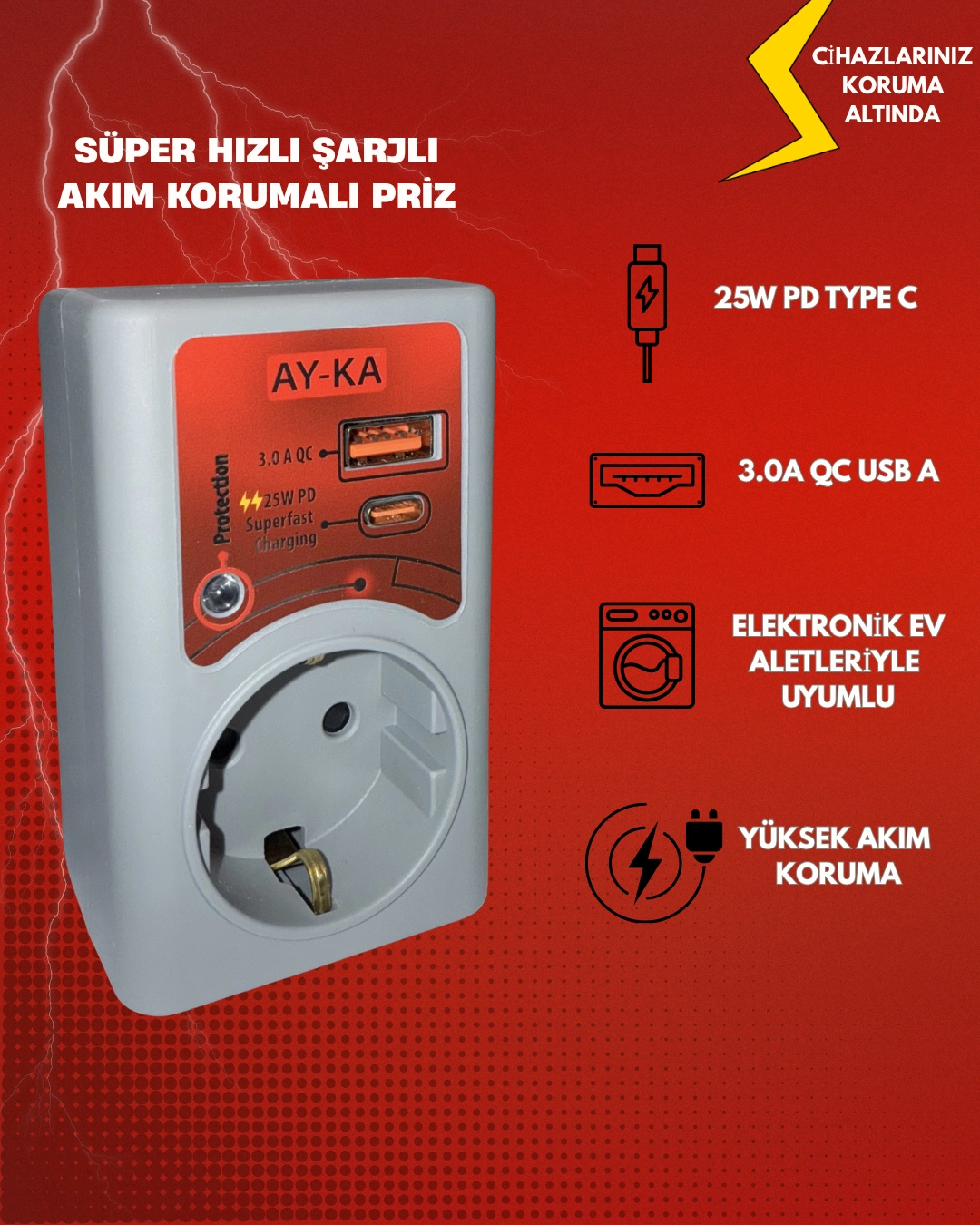 AY-KA Süper Hızlı Şarjlı Akım Korumalı Tekli Priz 