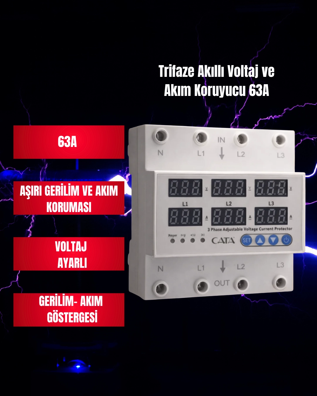 Cata CT-9199 Trifaze Akıllı Voltaj ve Akım Koruyucu 63A