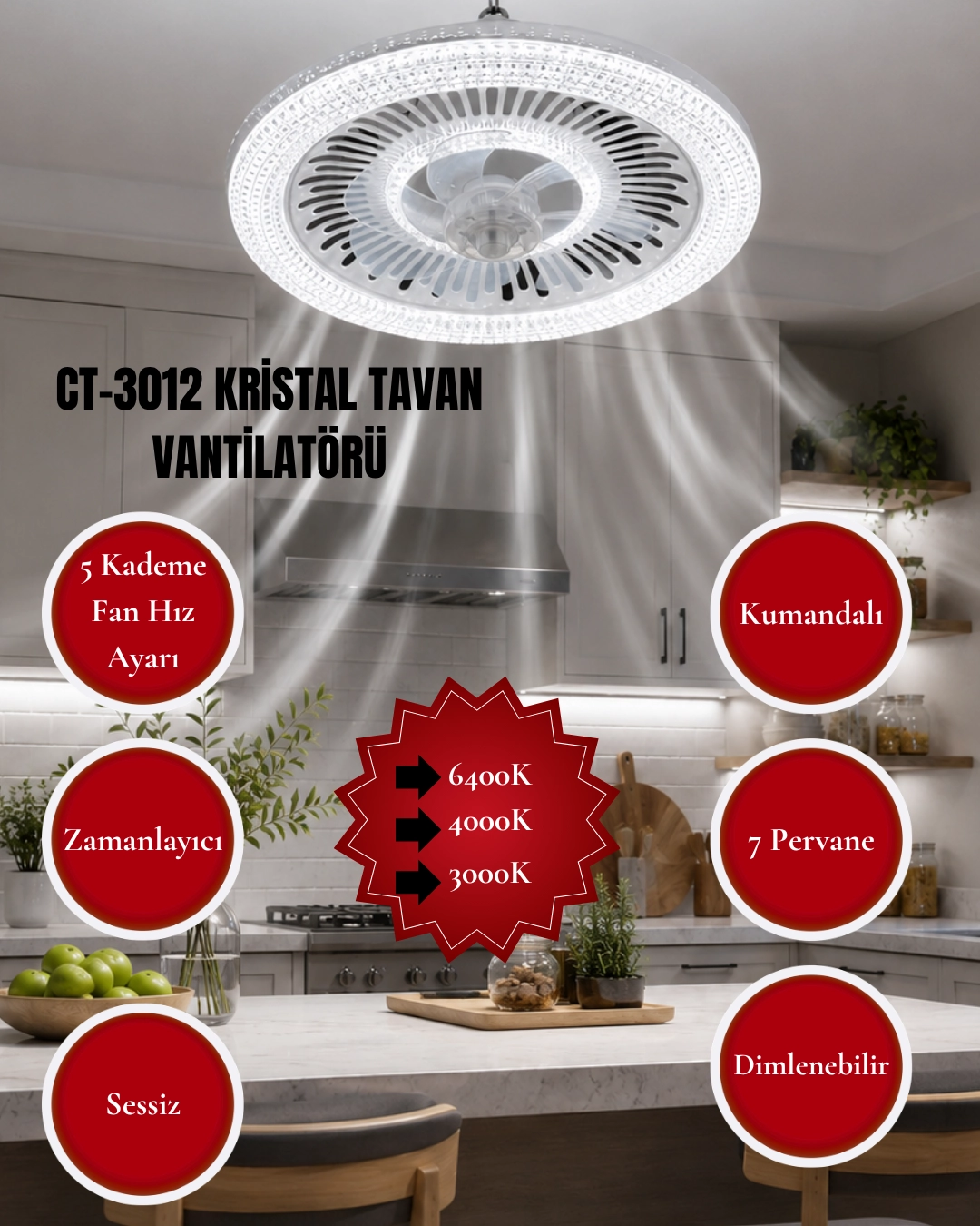 Cata CT-3012 Kristal Led Tavan Vantilatörü 