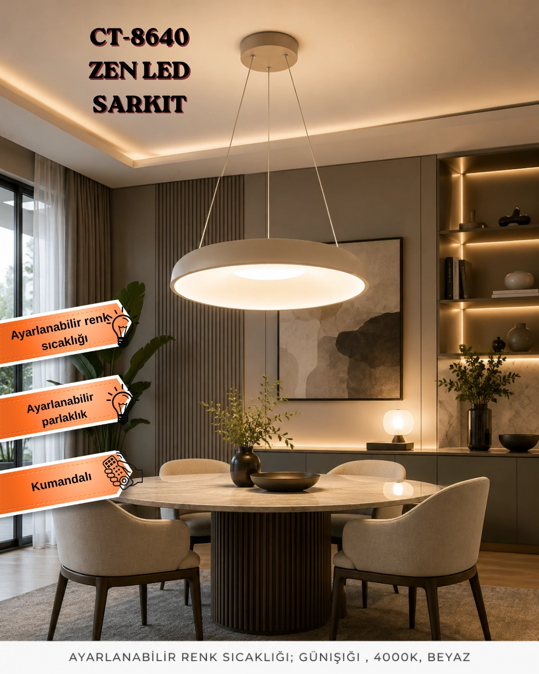 Cata CT-8640 Zen Led Sarkıt 60W Kumandalı - Parlak ve Tasarruflu