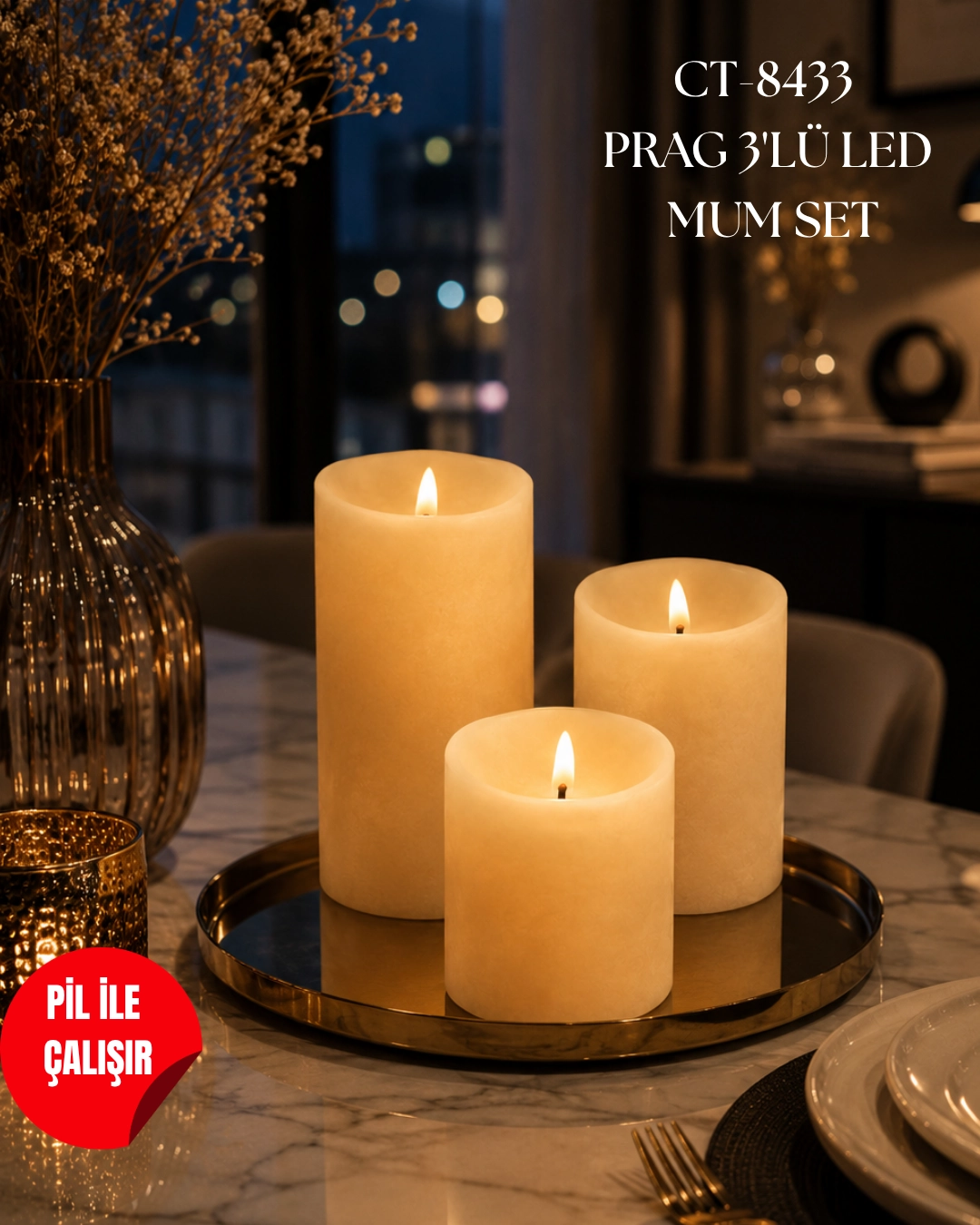 Cata CT-8433 Prag 3’lü Mum Set Günışığı