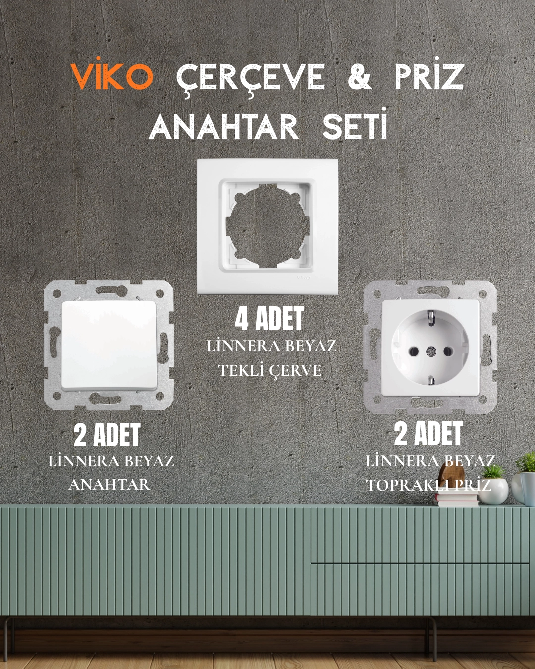 VİKO Linnera Beyaz Seti ( 4 Adet Tekli Çerçeve + 2 Adet Topraklı Priz + 2 Adet Anahtar )