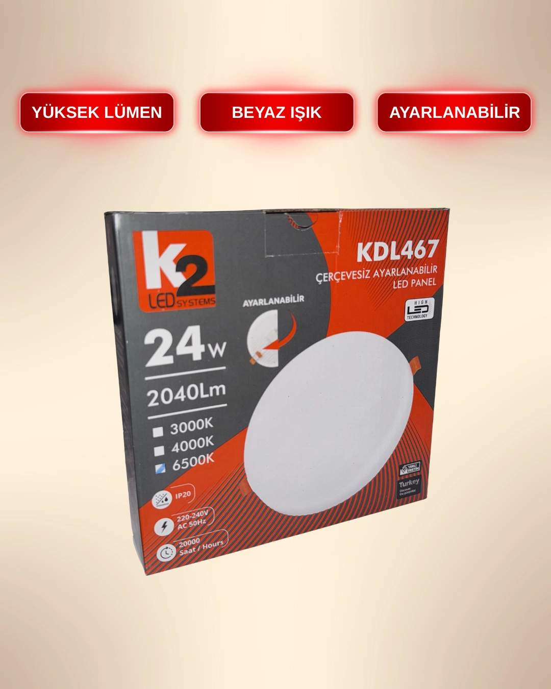 K2 KDL467 Çerçevesiz Ayarlanabilir Led Panel 24W Beyaz Işık 