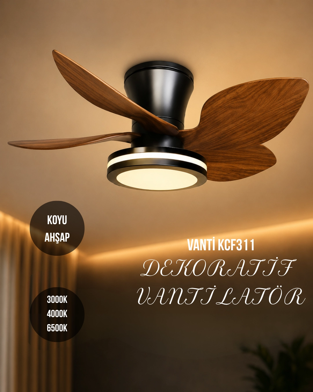 K2 KCF311 Dekoratif Tavan Vantilatör Koyu Ahşap 30 Watt 28’’ 