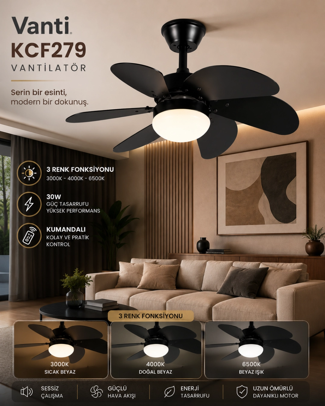 Vanti KCF279K Avizeli Vantilatör Siyah Ahşap 60W Kumandalı 