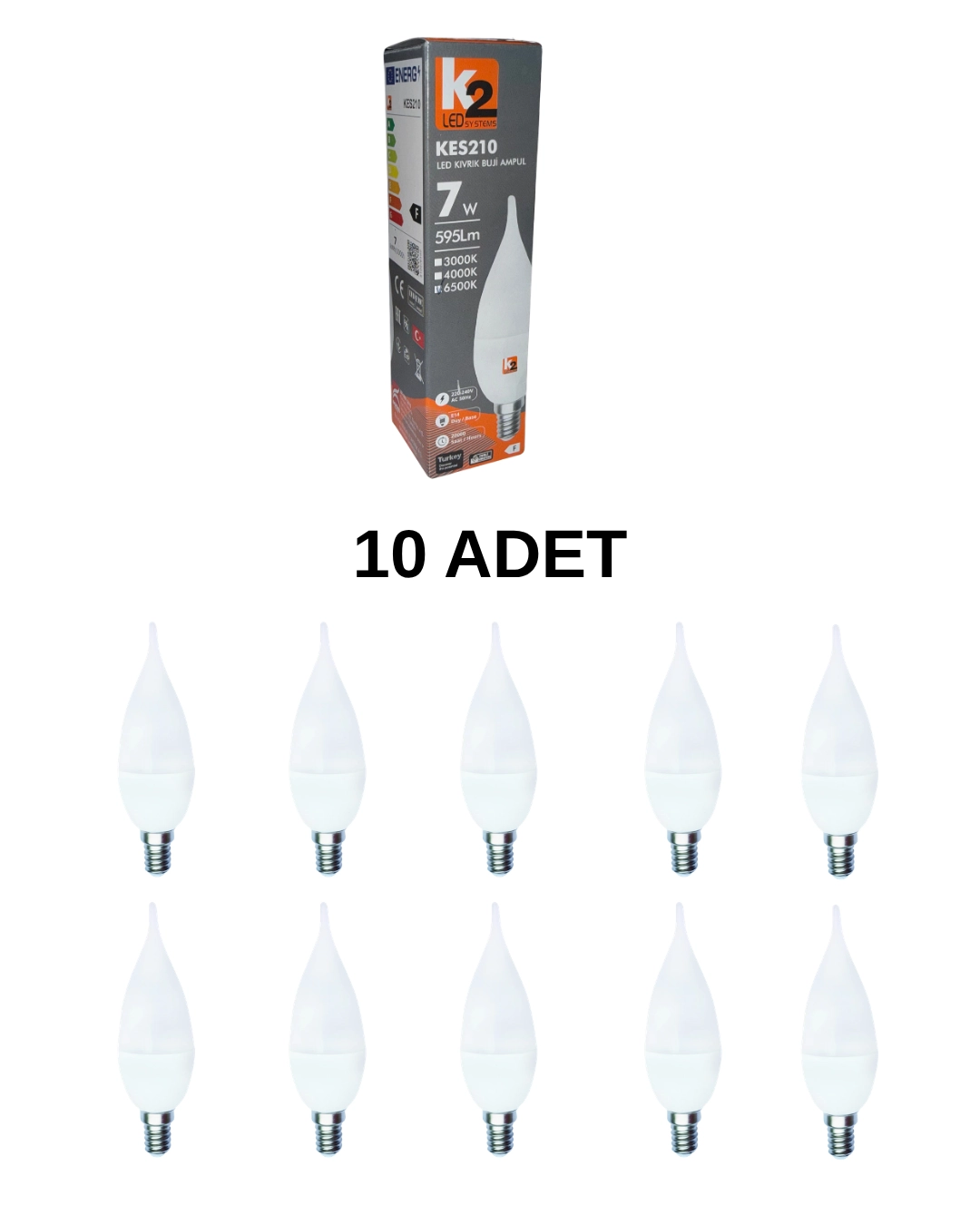 K2 KES210 Led Kıvrık Buji Ampul Beyaz Işık E14 Duy - 10’lu Paket 