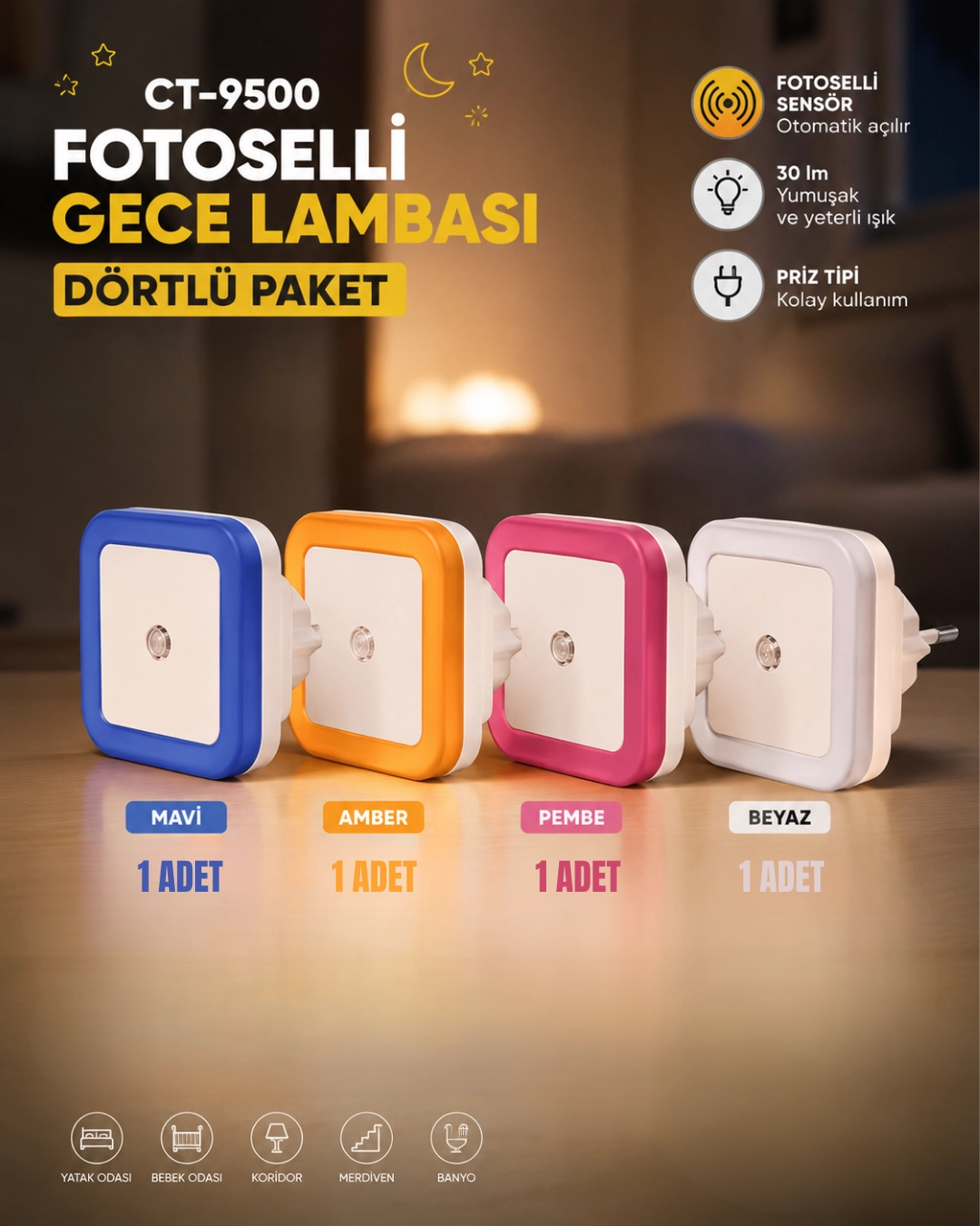 Cata CT-9500 Fotoselli Led Gece Lambası - 4’lü Paket 