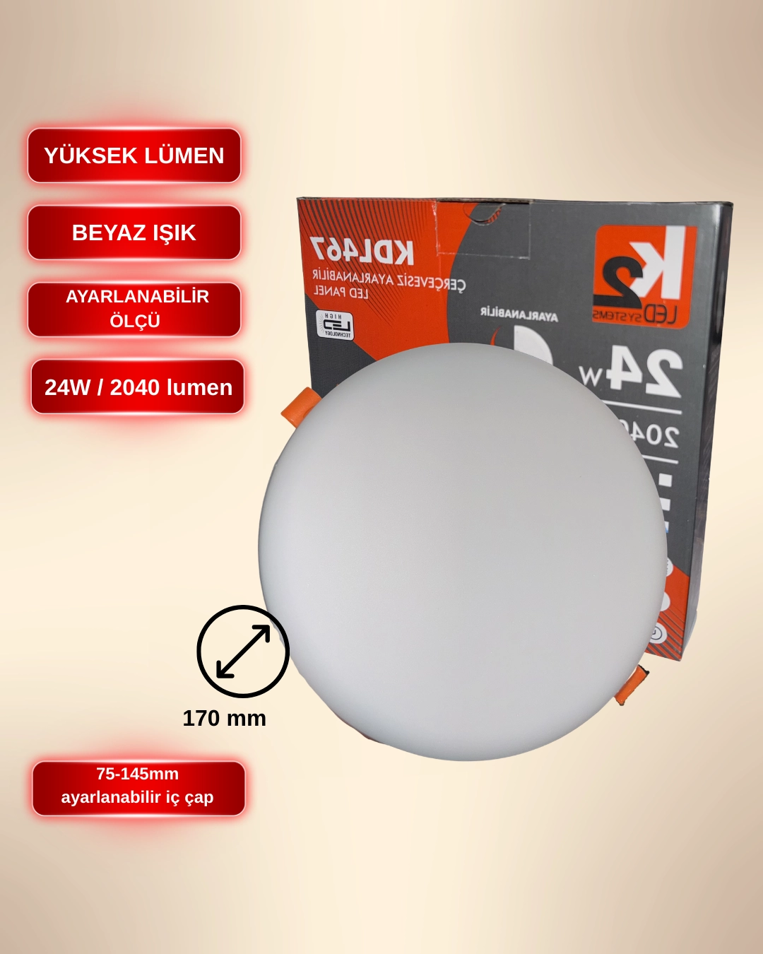 K2 KDL467 Çerçevesiz Ayarlanabilir Led Panel 24W Beyaz Işık 