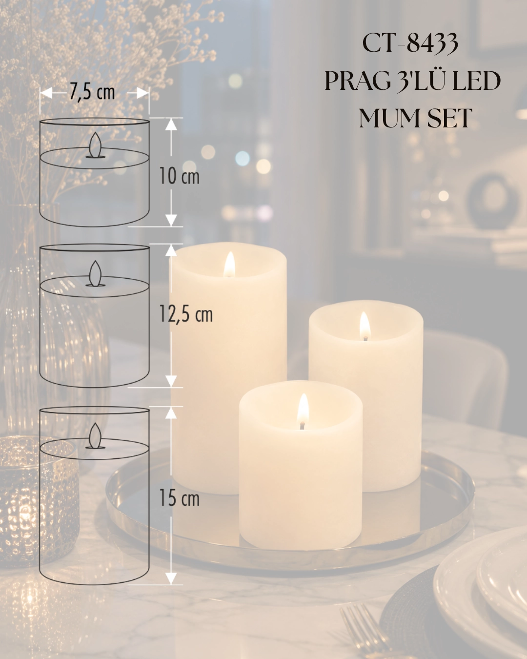 Cata CT-8433 Prag 3’lü Mum Set Günışığı