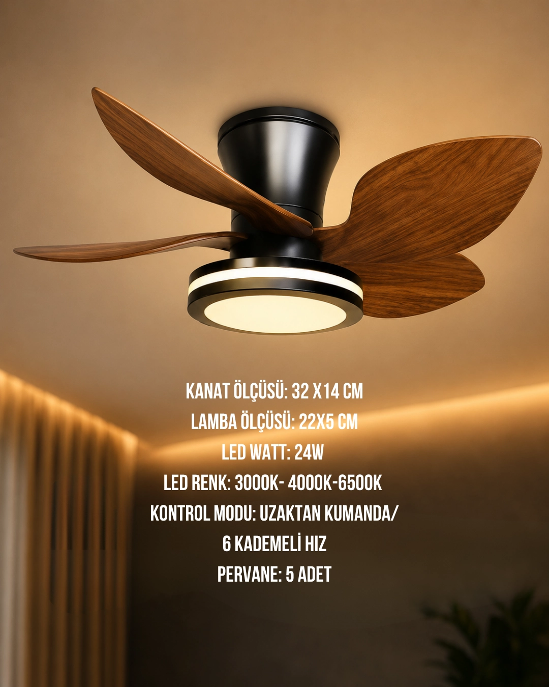 K2 KCF311 Dekoratif Tavan Vantilatör Koyu Ahşap 30 Watt 28’’ 