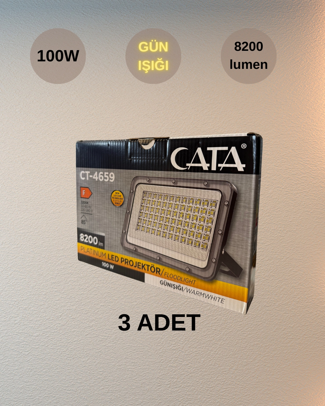 Cata CT-4659 Platinum Led Projektör 100W Günışığı - 3’lü Paket 