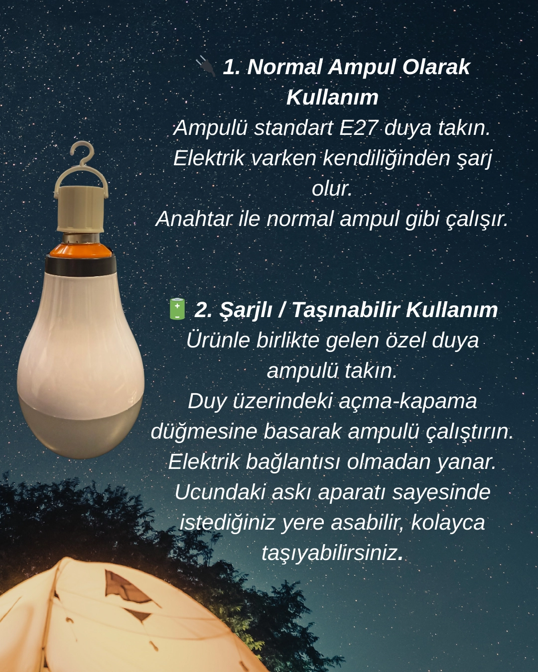 K2 KES077 Şarjlı Led Ampul 16W Beyaz Işık E27 Duy 