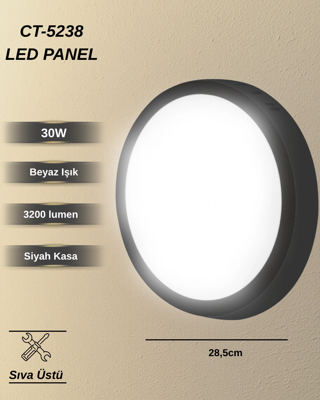 Cata CT-5238 Sıva Üstü Led Panel 30W Siyah Kasa Beyaz Işık