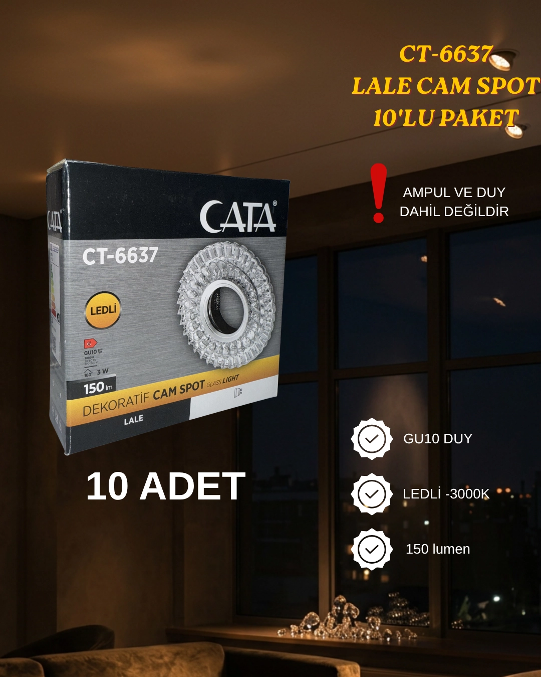 Cata CT-6637 Lale Dekoratif Cam Spot Kasası- 10’lu Paket 