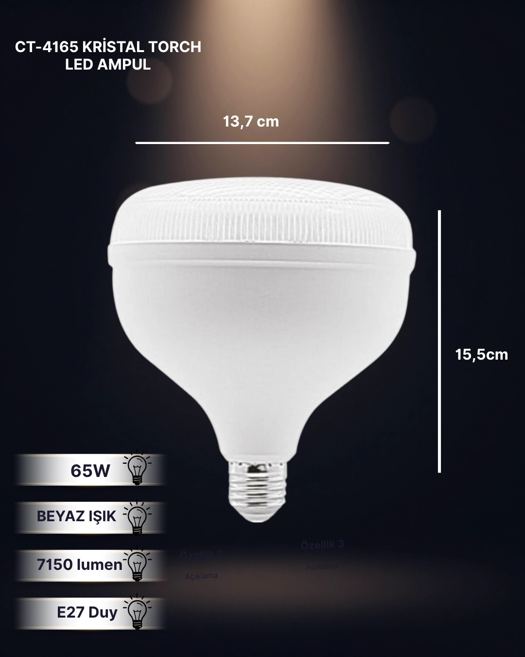 Cata CT-4165 Kristal Torch Led Ampul 65W Beyaz Işık