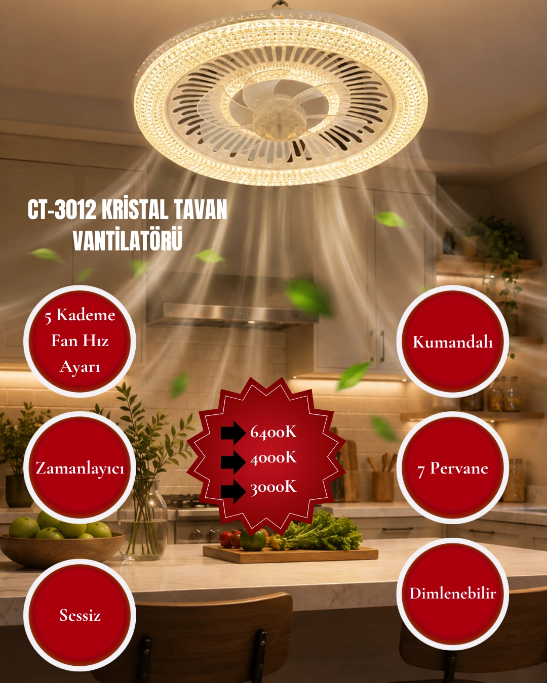 Cata CT-3012 Kristal Led Tavan Vantilatörü 