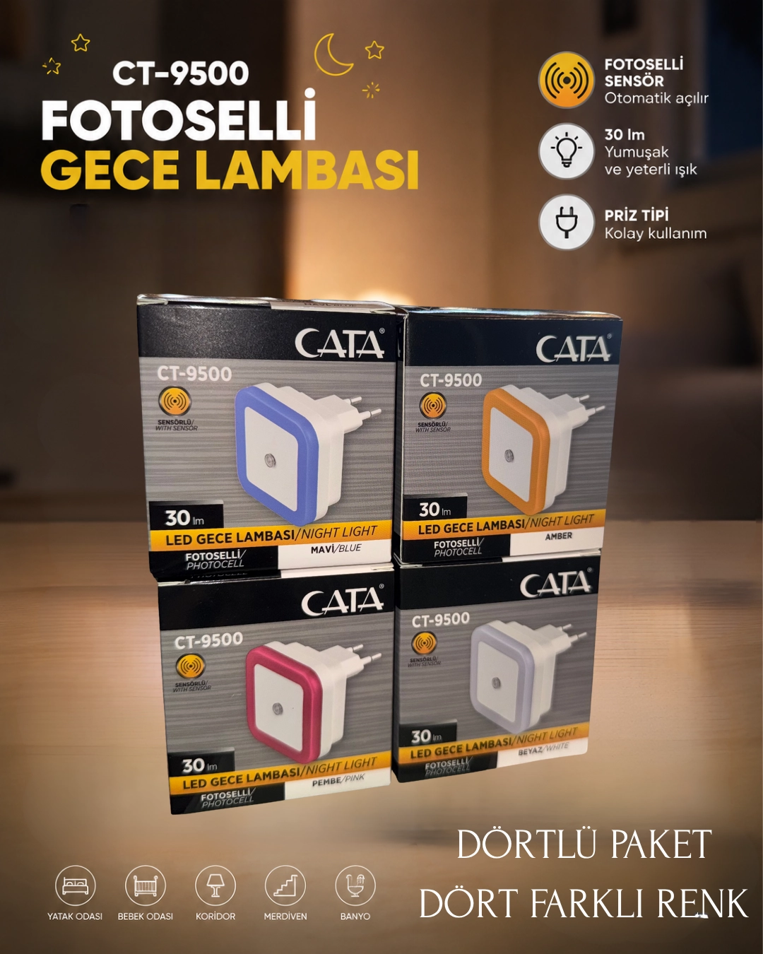 Cata CT-9500 Fotoselli Led Gece Lambası - 4’lü Paket 