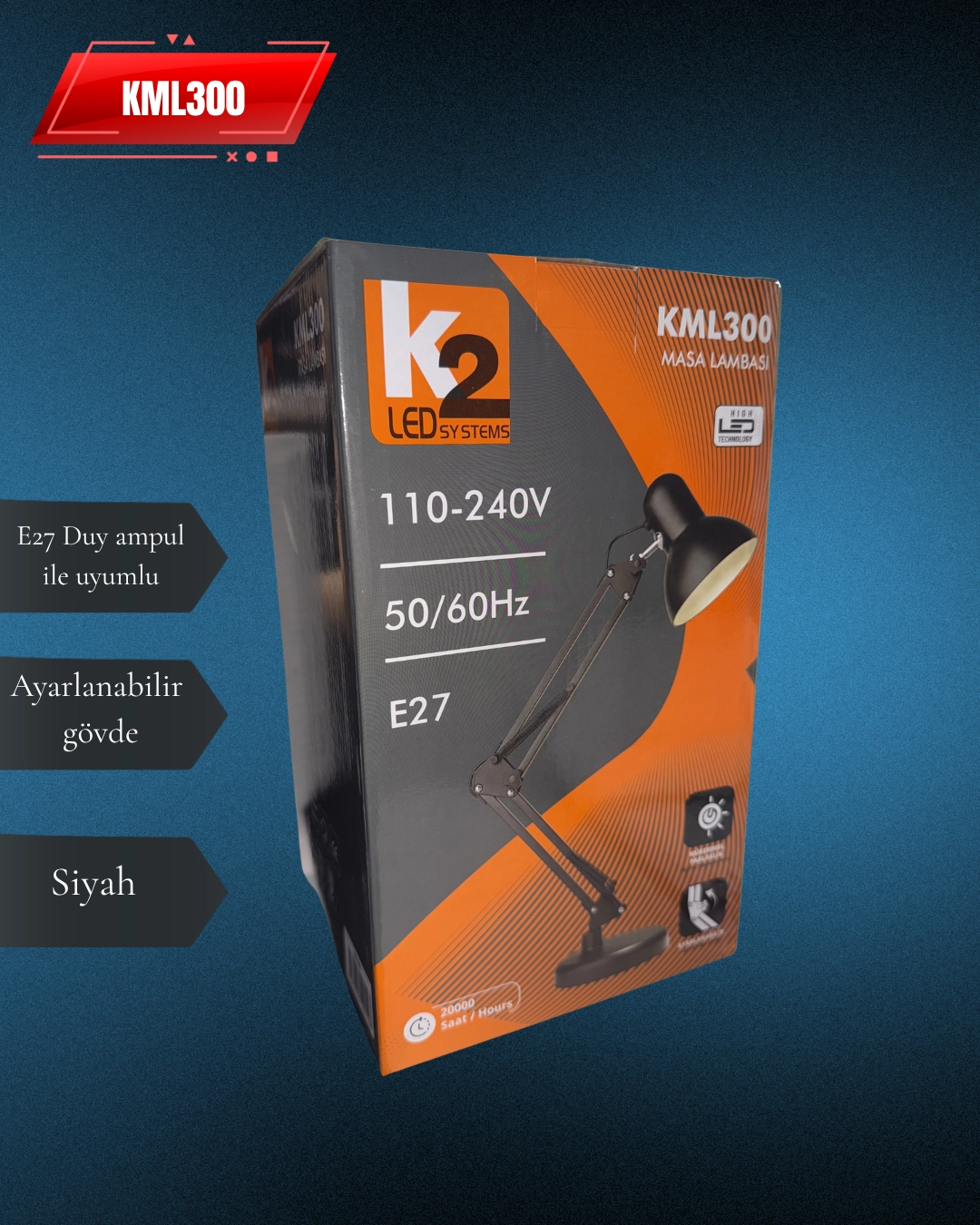 K2 KML300 Masa Lambası Siyah E27Duy 
