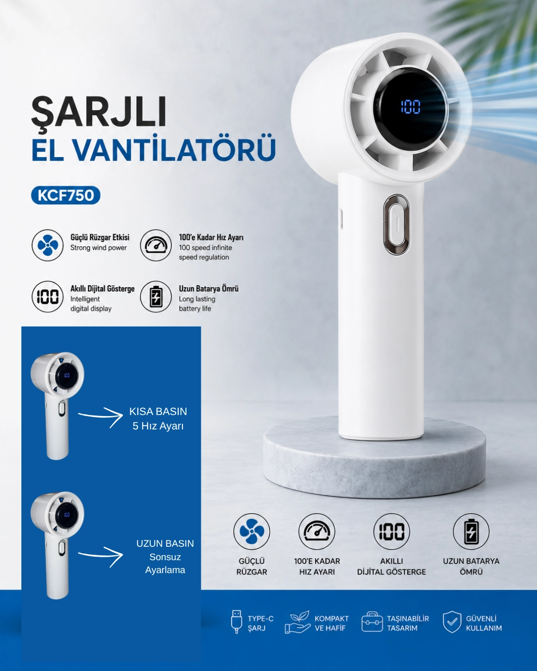 Vanti KCF750 Şarjlı El Vantilatörü Beyaz 