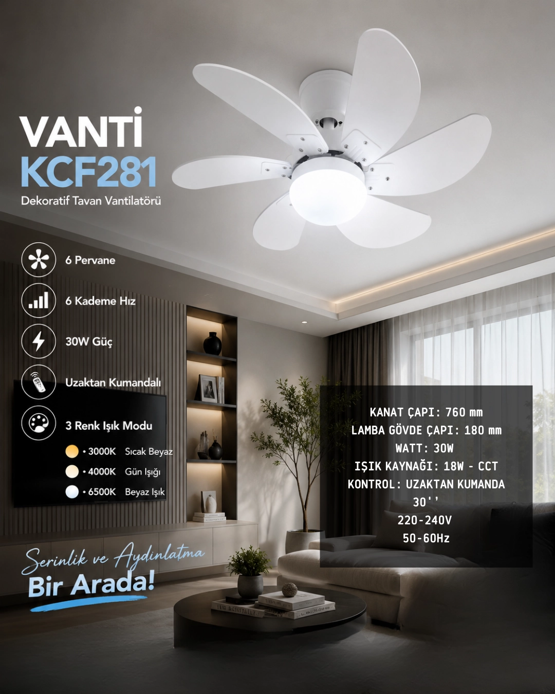 Vanti KCF281K Dekoratif Tavan Vantilatörü Beyaz 