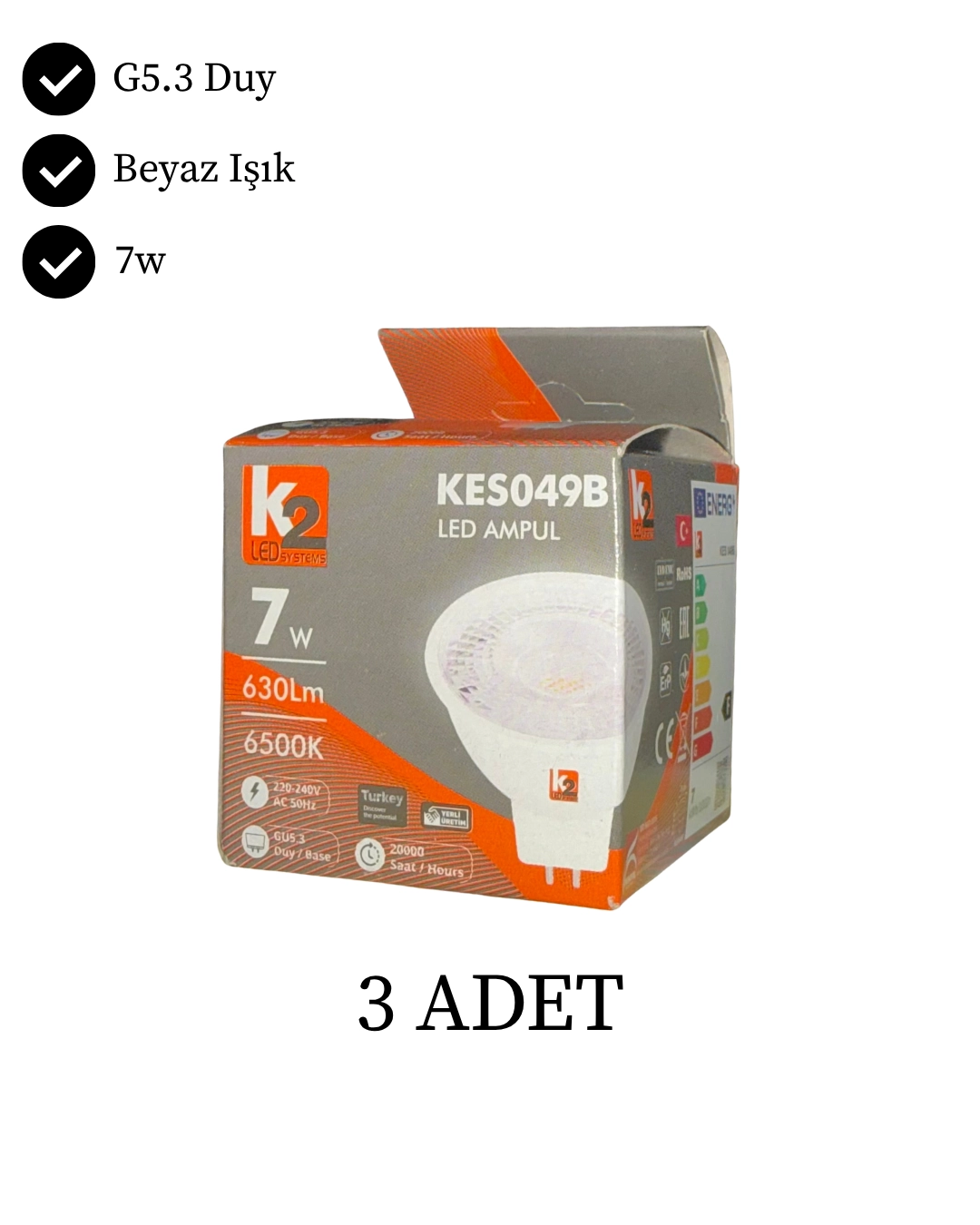 K2 KES049B Led Ampul 7W GU5.3 Duy Beyaz Işık - 3’lü Paket 
