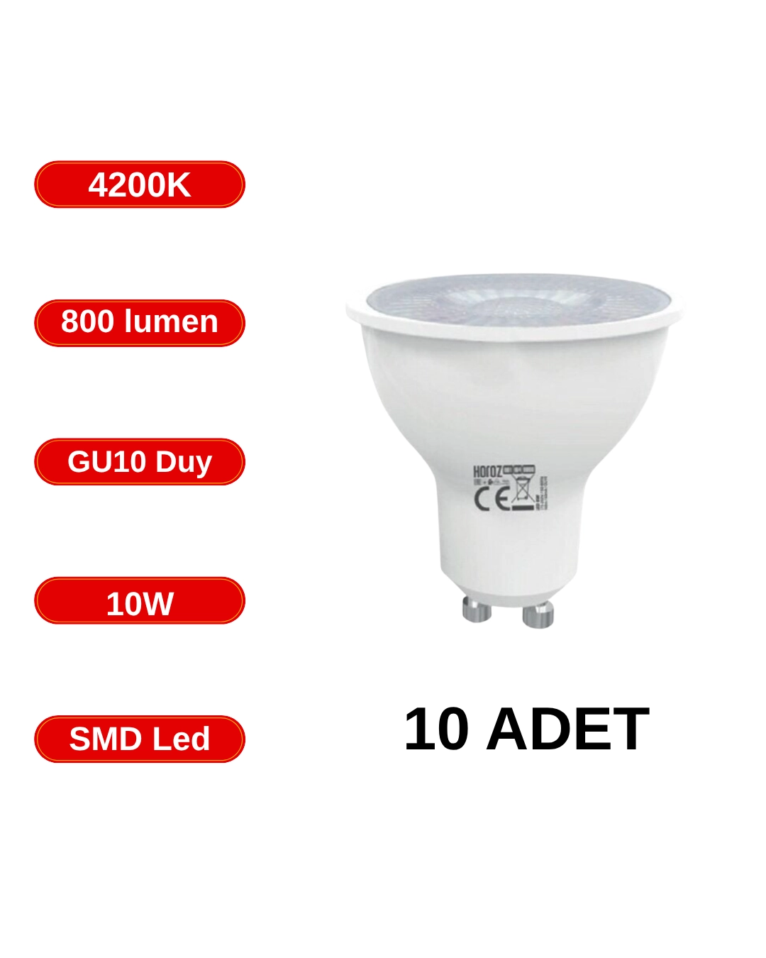 Horoz 001-064-0010 Led Ampul 10W 4200K GU10 Duy - 10’lu Paket