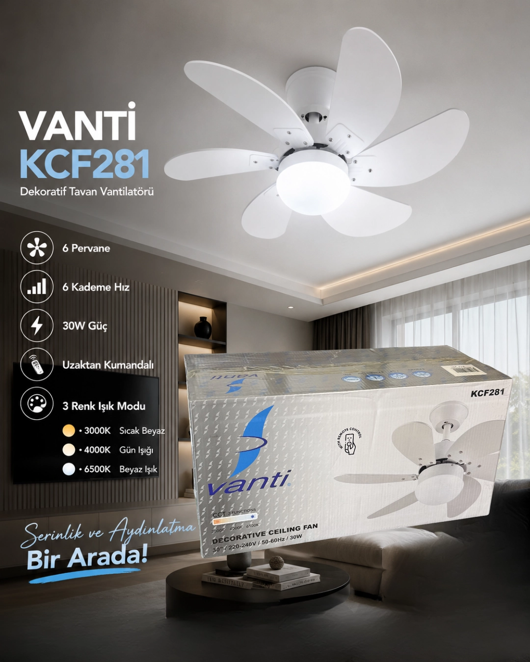Vanti KCF281K Dekoratif Tavan Vantilatörü Beyaz 