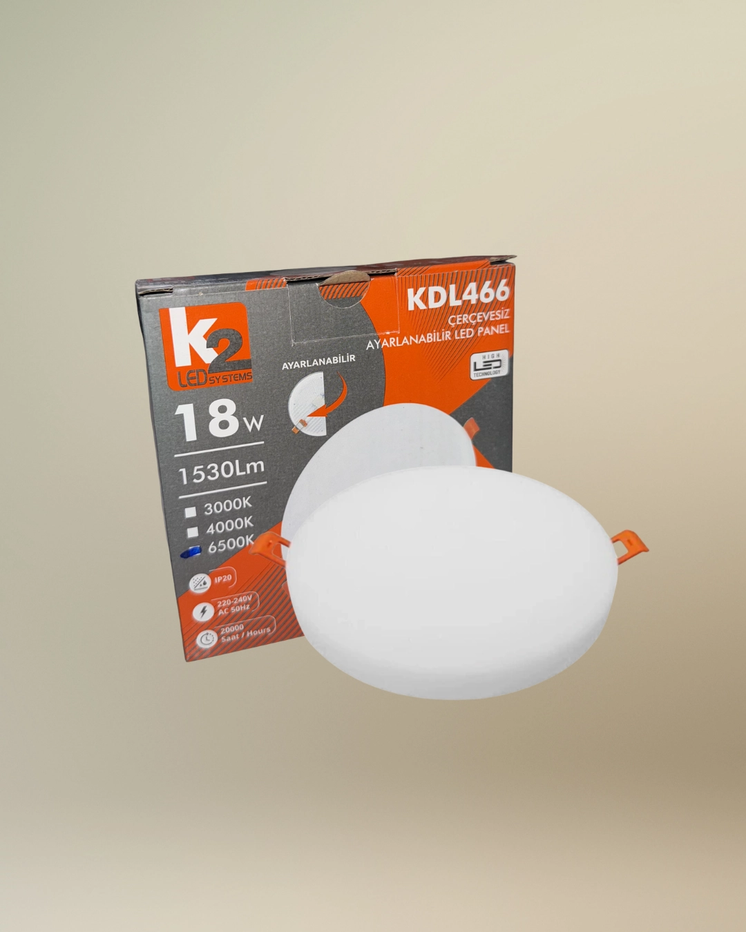 K2 KDL466 Çerçevesiz Ayarlanabilir Led Panel 18W Beyaz Işık