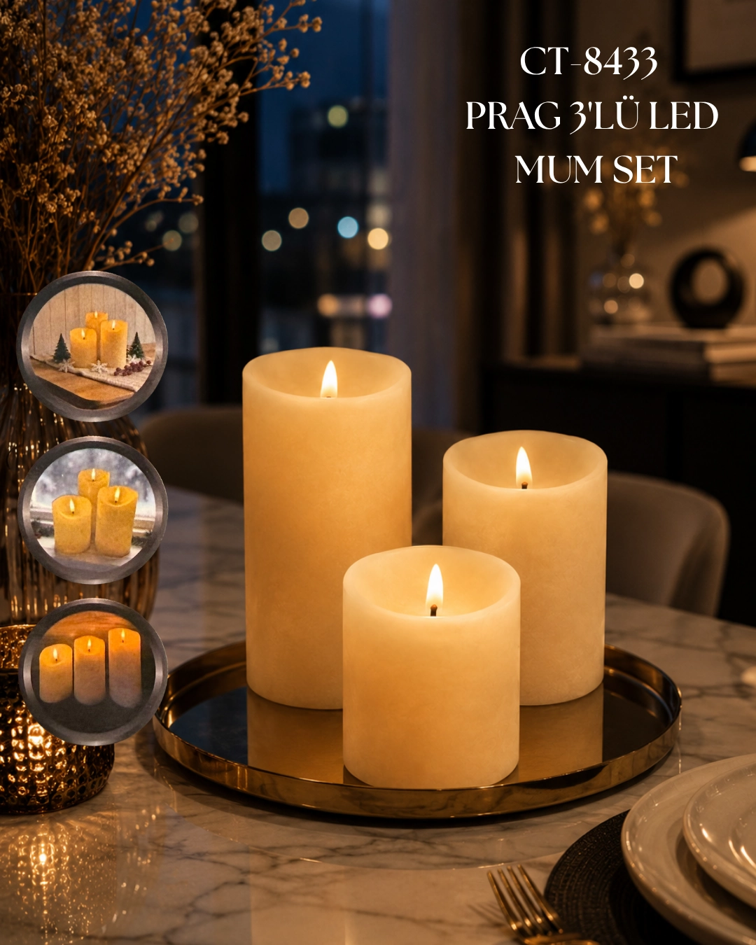 Cata CT-8433 Prag 3’lü Mum Set Günışığı
