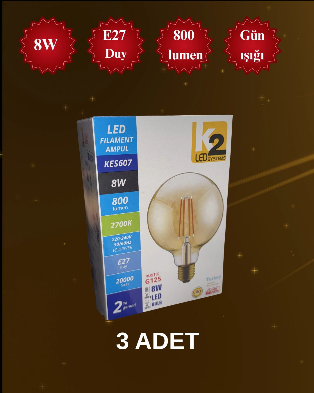 K2 KES607  Cob Filamanlı Led Rustik Ampul 8W Günışığı