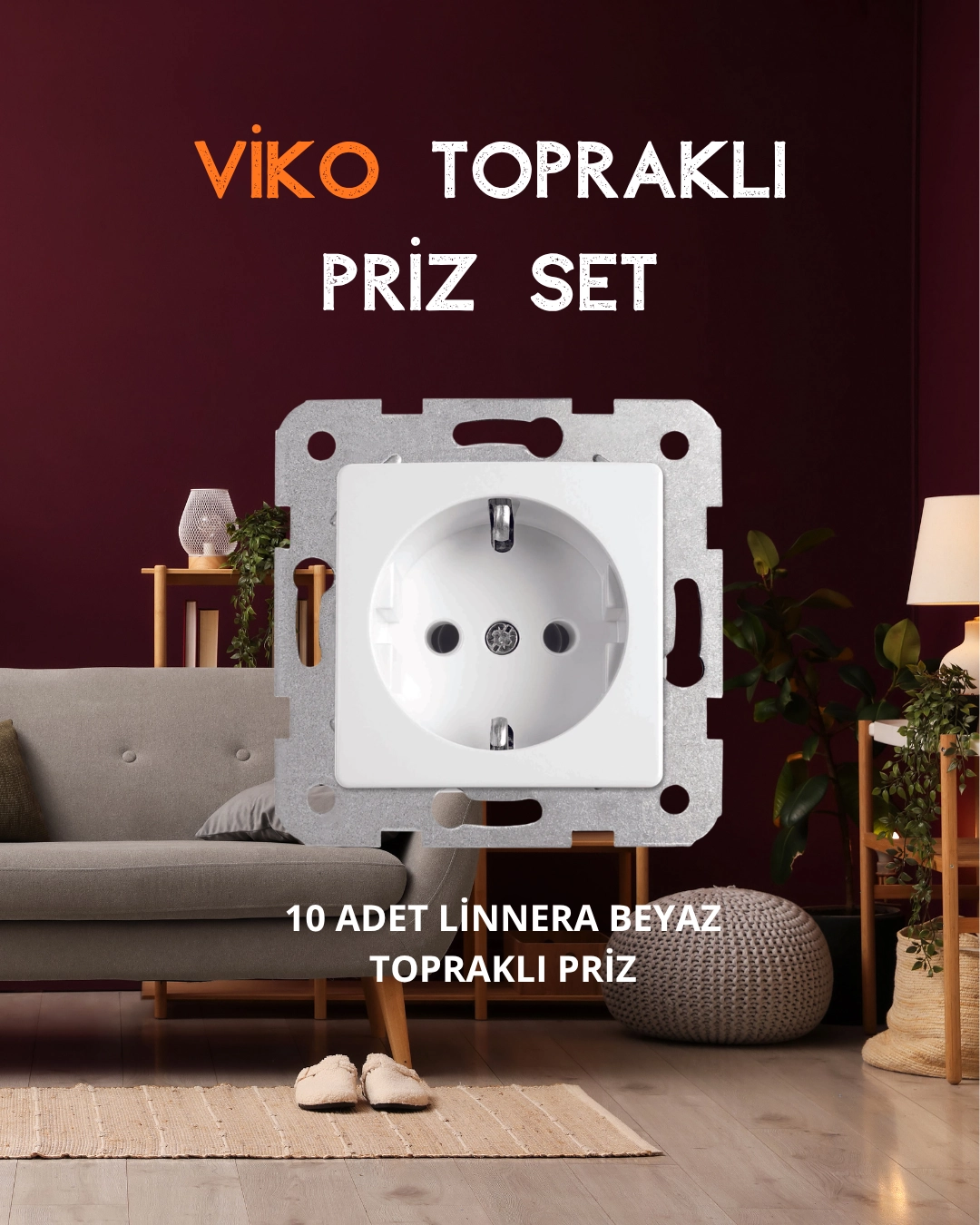 Viko Linnera Beyaz Priz Set ( 10 Adet Topraklı Priz + 10 Adet Tekli Çerçeve)