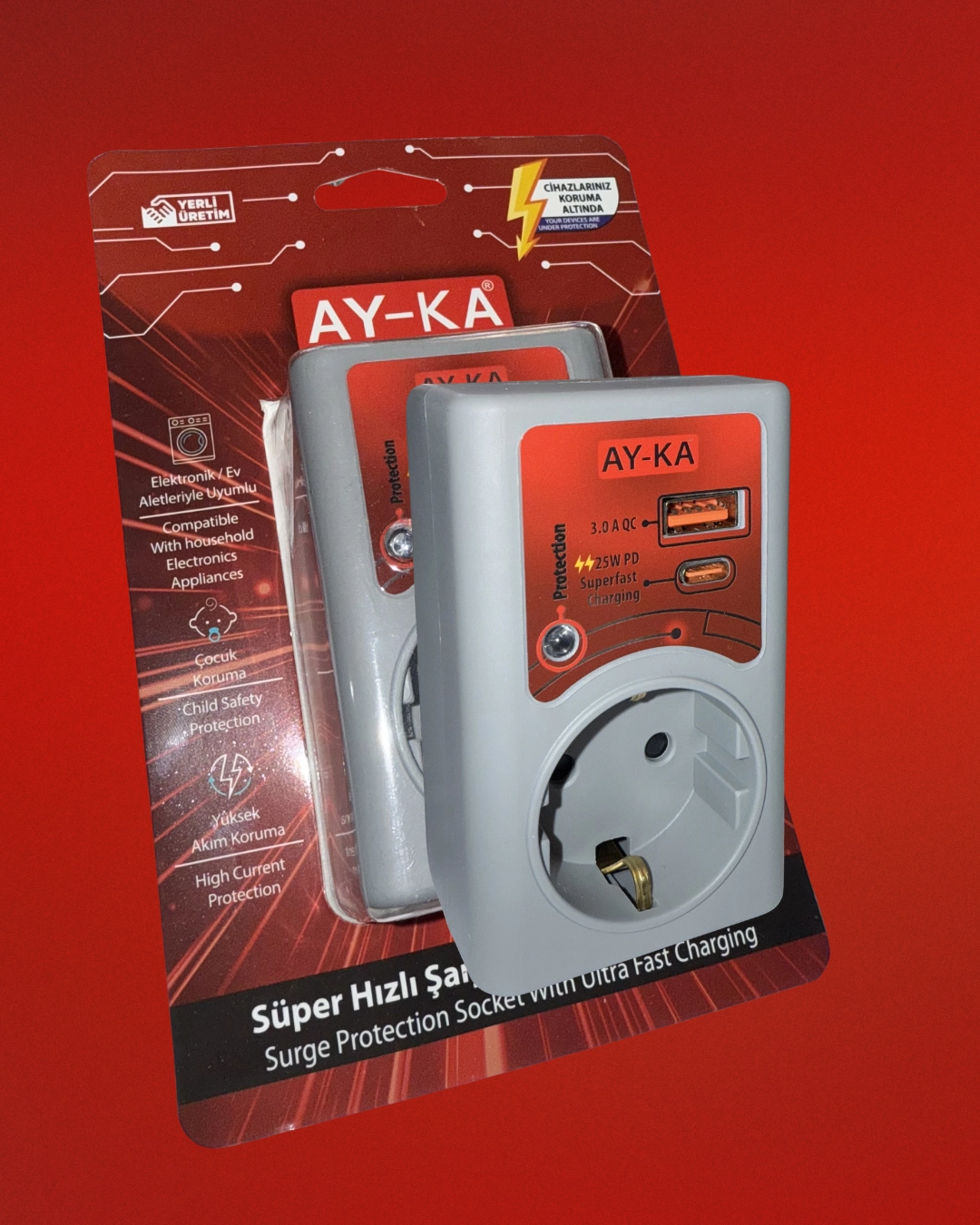 AY-KA Süper Hızlı Şarjlı Akım Korumalı Tekli Priz 