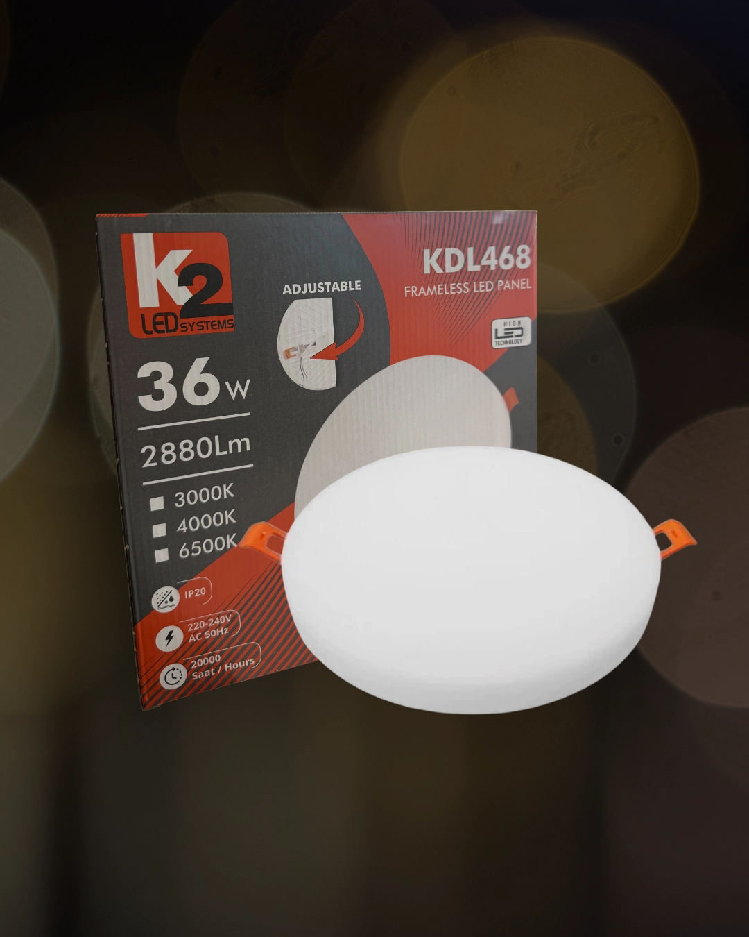 K2 KDL468 Çerçevesiz Ayarlanabilir Led Panel 36W Beyaz Işık 