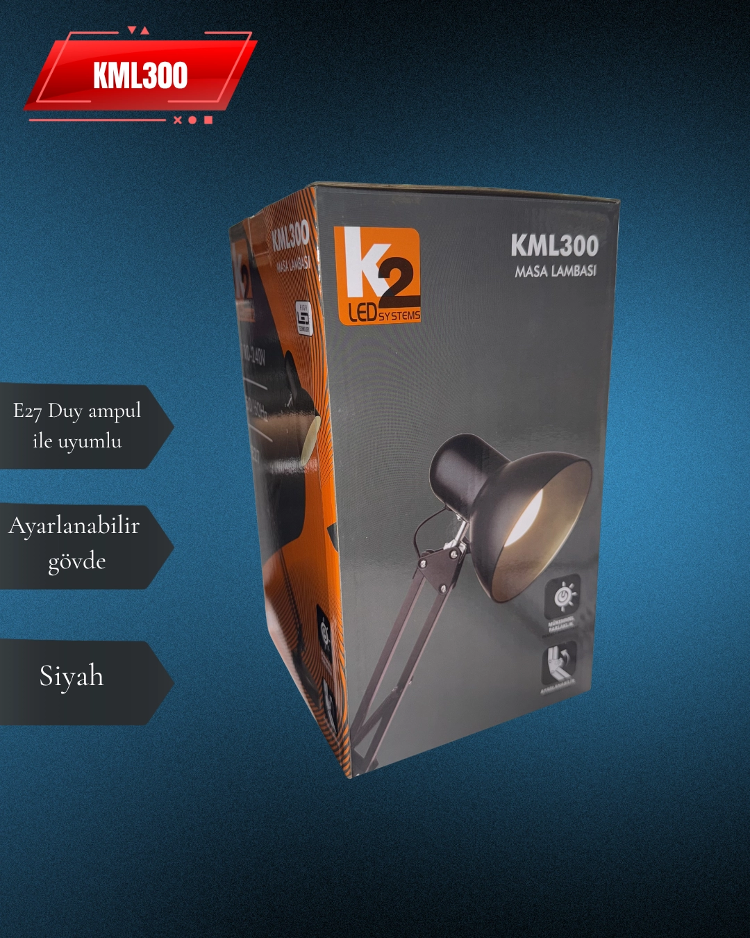 K2 KML300 Masa Lambası Siyah E27Duy 