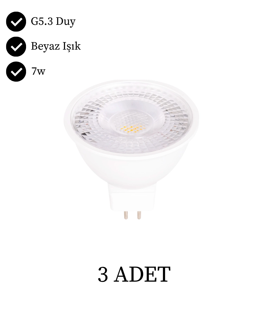 K2 KES049B Led Ampul 7W GU5.3 Duy Beyaz Işık - 3’lü Paket 