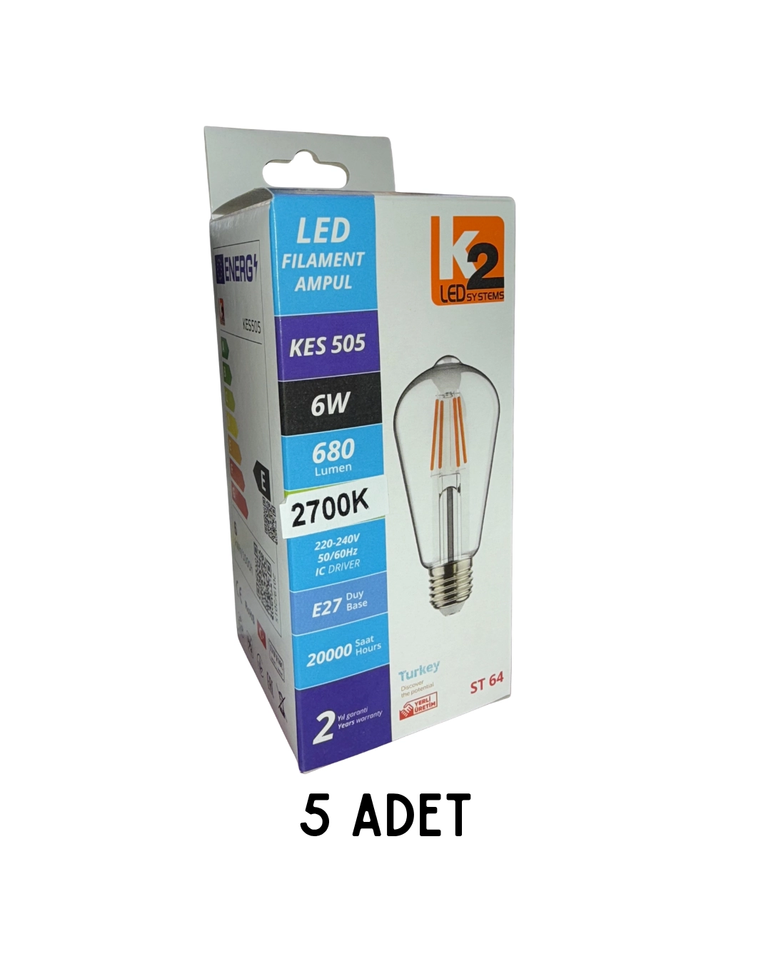 K2 KES505 Led Filament Ampul 6W E27 Duy Günışığı - 5’li Paket