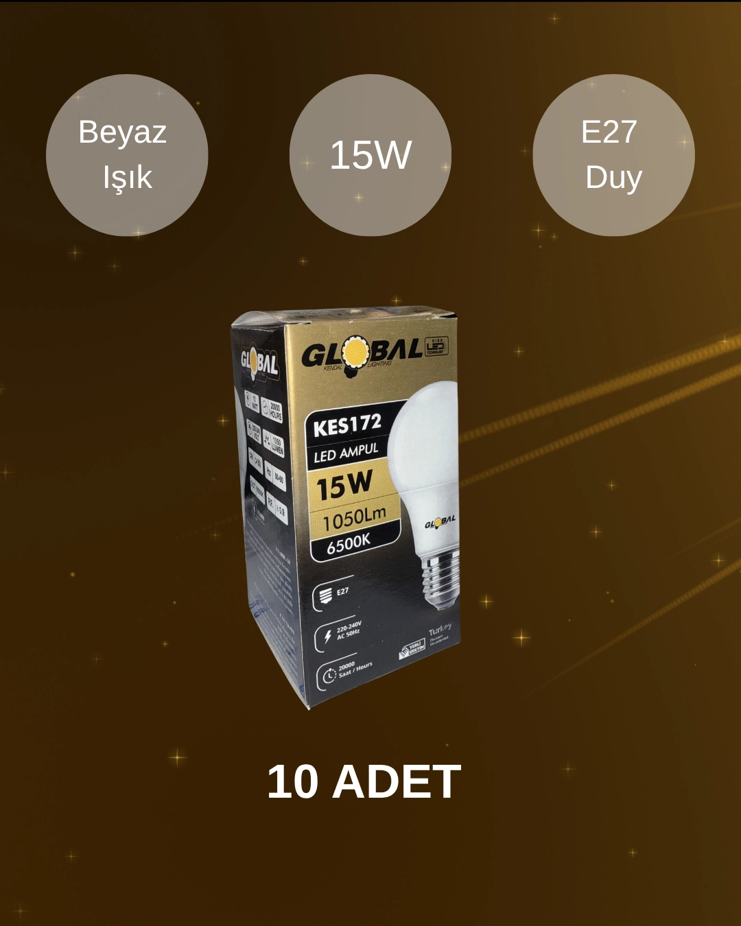 Global KES172 Led Ampul 15W Beyaz Işık - 10’lu Paket 