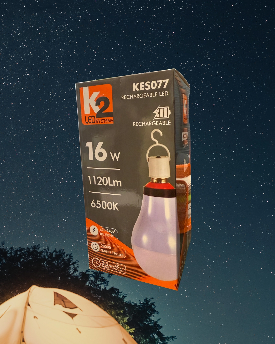 K2 KES077 Şarjlı Led Ampul 16W Beyaz Işık E27 Duy 