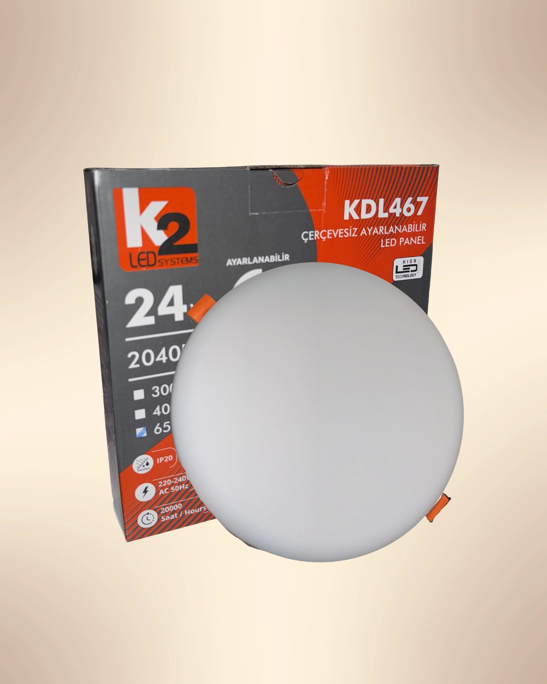 K2 KDL467 Çerçevesiz Ayarlanabilir Led Panel 24W Beyaz Işık 