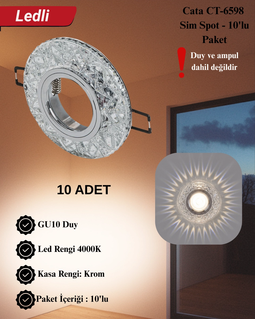 Cata CT-6598 Sim Dekoratif  Cam Spot Kasası - 10’lu Paket 