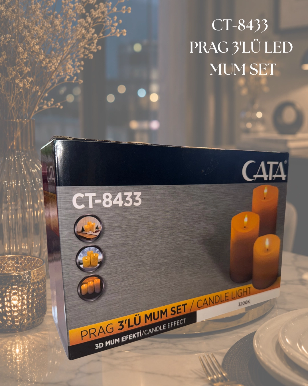 Cata CT-8433 Prag 3’lü Mum Set Günışığı