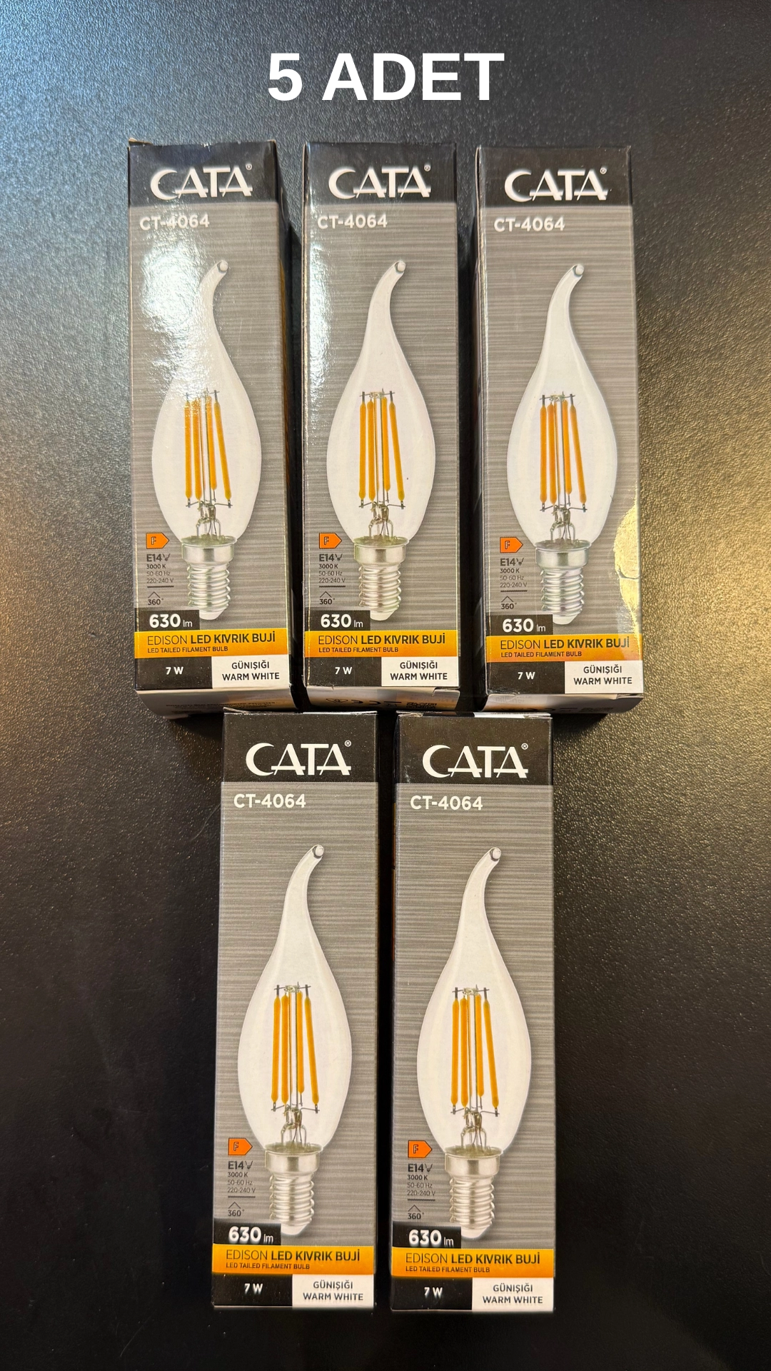 Cata CT-4064 Edison Led Kıvrık Buji Ampul 7W Günışığı (Sarı)- 5’li Paket