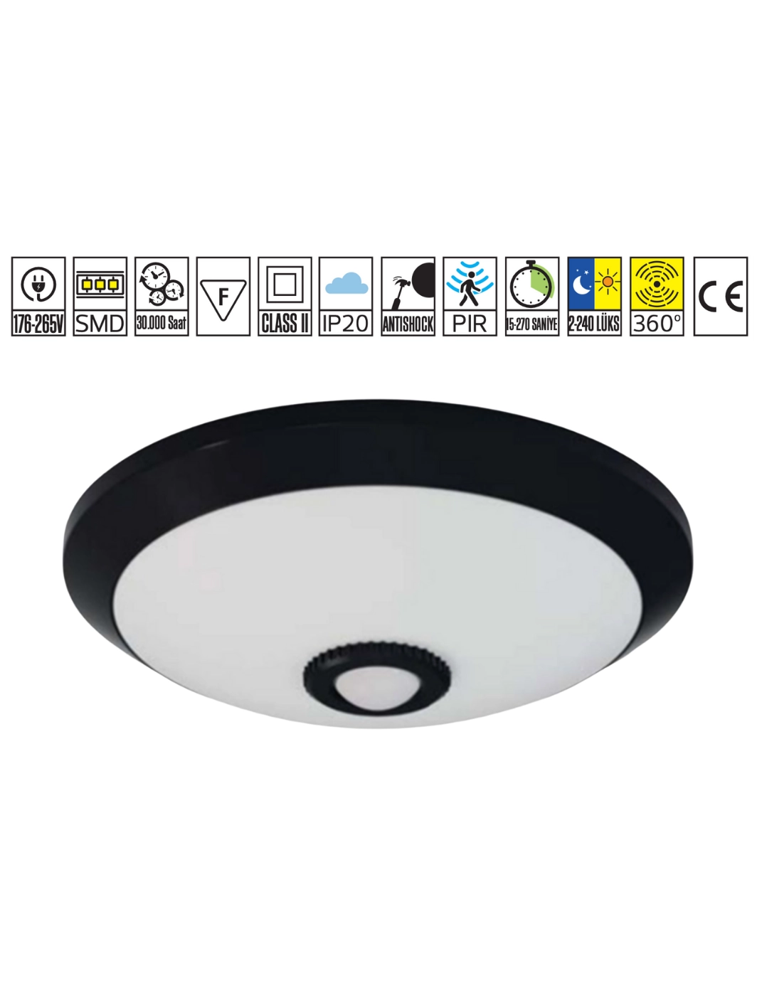 Horoz 400-110-143 Led 360° Sensörlü Tavan Armatürü 18W Beyaz Işık - Siyah Kasa